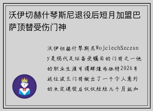 沃伊切赫什琴斯尼退役后短月加盟巴萨顶替受伤门神