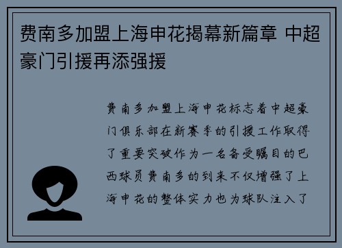 费南多加盟上海申花揭幕新篇章 中超豪门引援再添强援