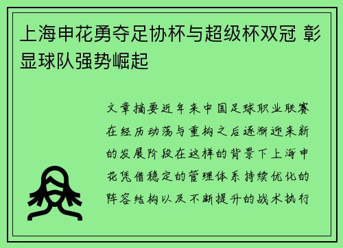 上海申花勇夺足协杯与超级杯双冠 彰显球队强势崛起